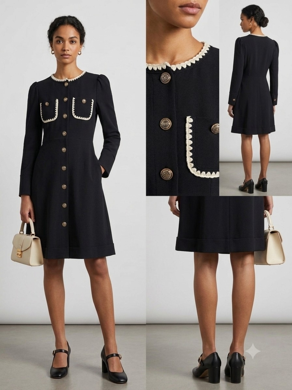 Tailored Black Long-Sleeve Dress with Cream Trim